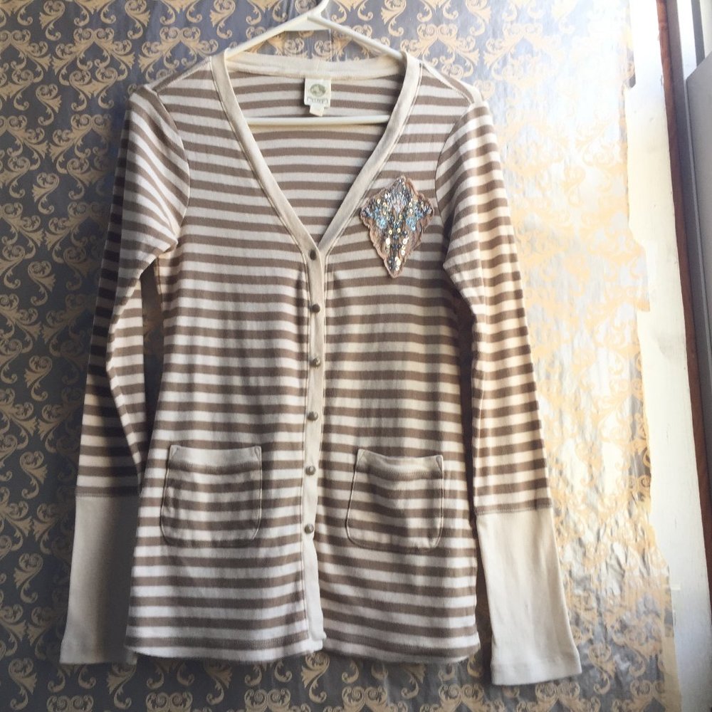 Tiny Anthro Y2K longline Tan White Striped Cardigan Academia Crest Long Cuffs S